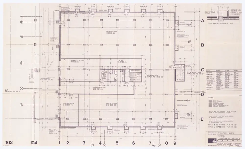 Staatsarchiv des Kantons Zürich, Neubau im Irchelpark: 3. Untergeschoss; Grundriss