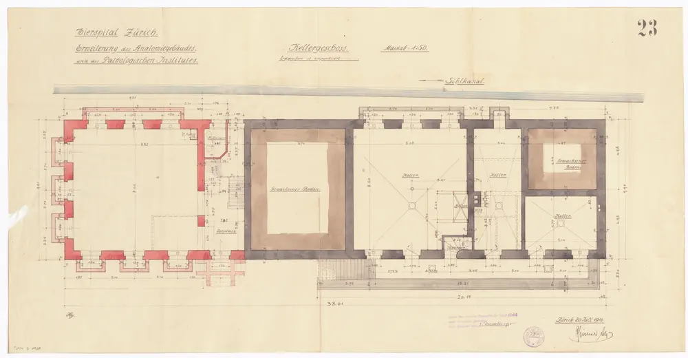 Tierspital, Selnaustrasse 32: Erweiterung des Anatomiegebäudes und des Pathologisches Instituts; Kellergeschoss; Grundriss