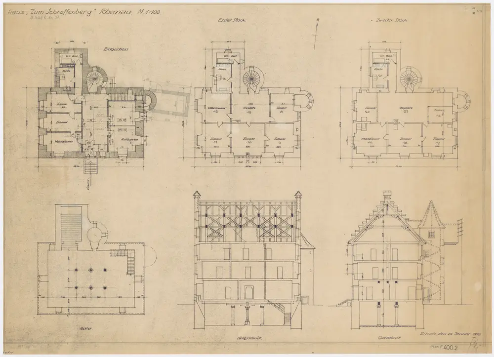 Pflegeanstalt Alt-Rheinau: Haus zur Alten Post; Grundrisse und Schnitte: Kellergeschoss, Erdgeschoss, 1. und 2. Stock; Grundrisse und Schnitte