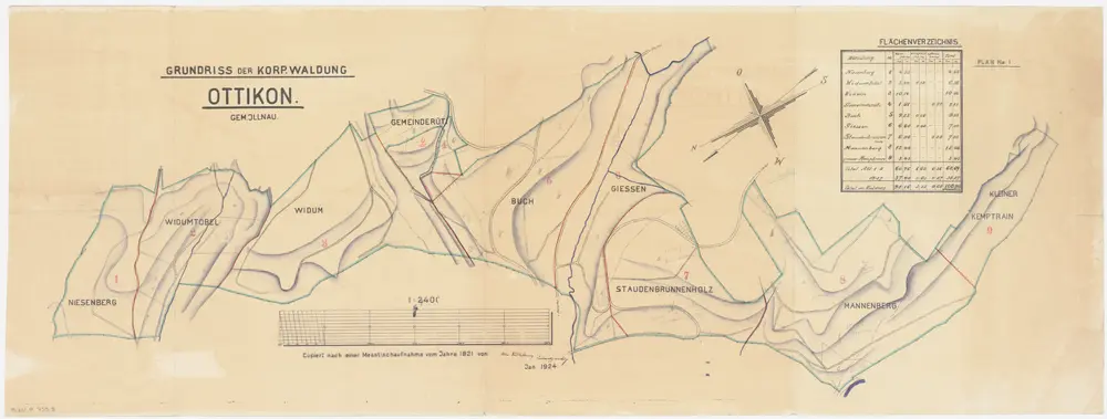 Illnau-Effretikon (damals Illnau): Gemeinde- und Genossenschaftswaldungen Ottikon: Genossenschaftswaldungen Niesenberg, Widumtobel, Widum, Gemeinderüti, Buech (Buch), Giessen, Studenbrunnen (Staudenbrunnenholz), Mannenberg; Grundriss (Nr. 1)