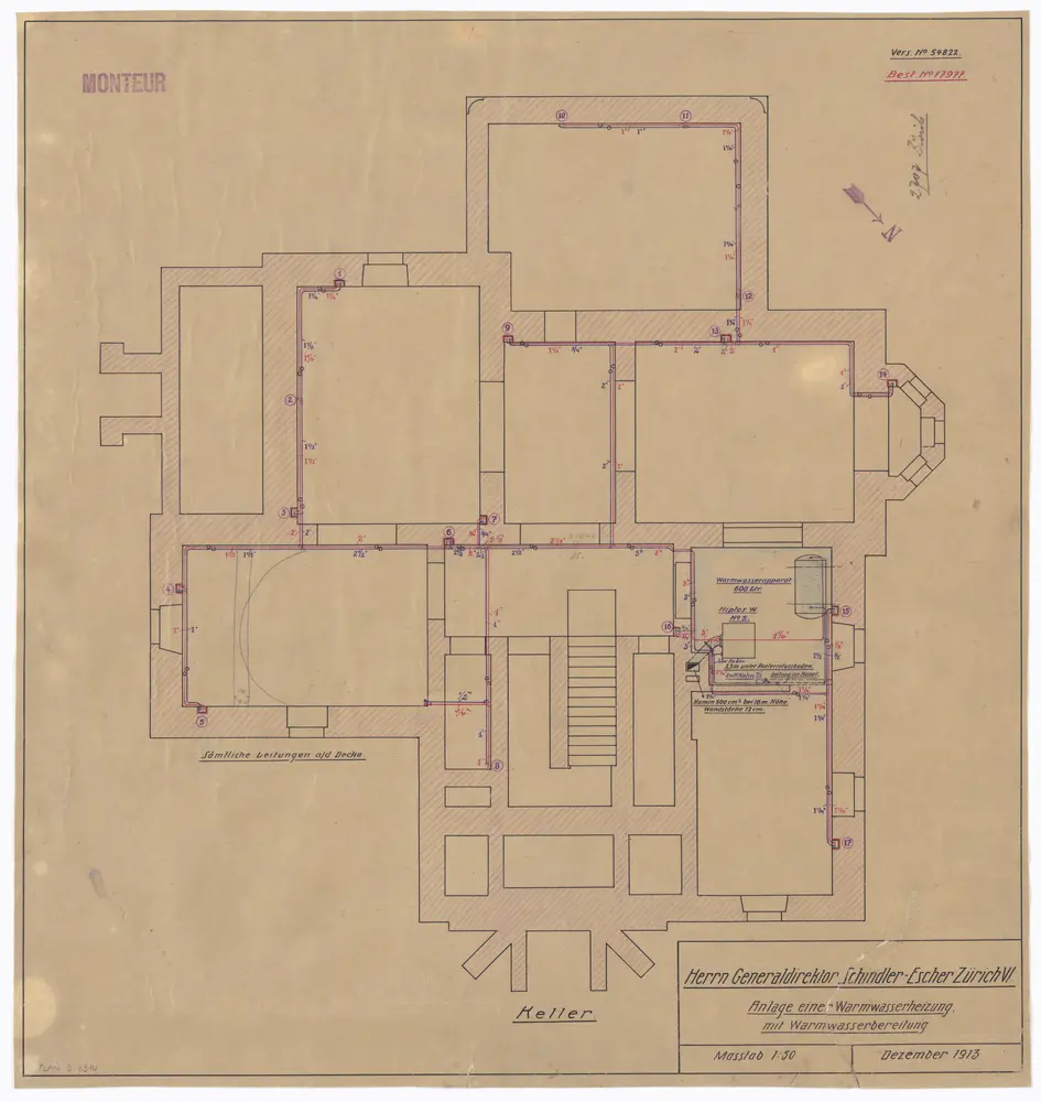 Schindlergut Zürich 6: Umbau für Generaldirektor Schindler-Escher; Keller; Warmwasserheizungsanlage; Grundriss