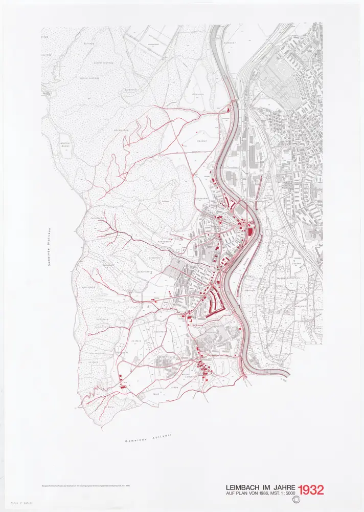 Historische Bauzustände der Zürcher Aussenquartiere in 48 Blättern: Leimbach im Jahre 1932 auf einem Plan von 1986; Übersichtsplan