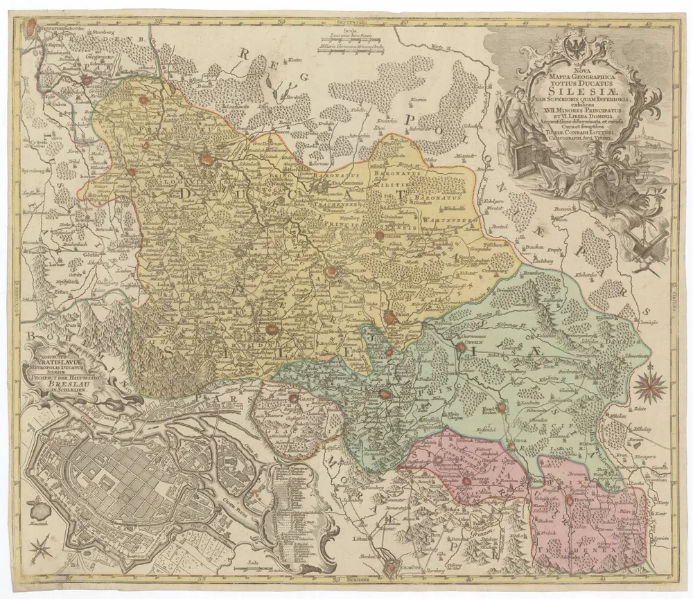 Nova mappa geographica totius ducatus Silesiae tam superioris quam inferioris exhibens XVII. minores principatus et VI. libera dominia