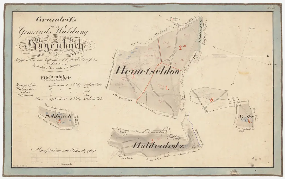 Hagenbuch: Gemeindewaldung: Hämetschloh (Hemetschlooholz), Schluch (Schlauch), Haldenholz, Nestler; Grundrisse