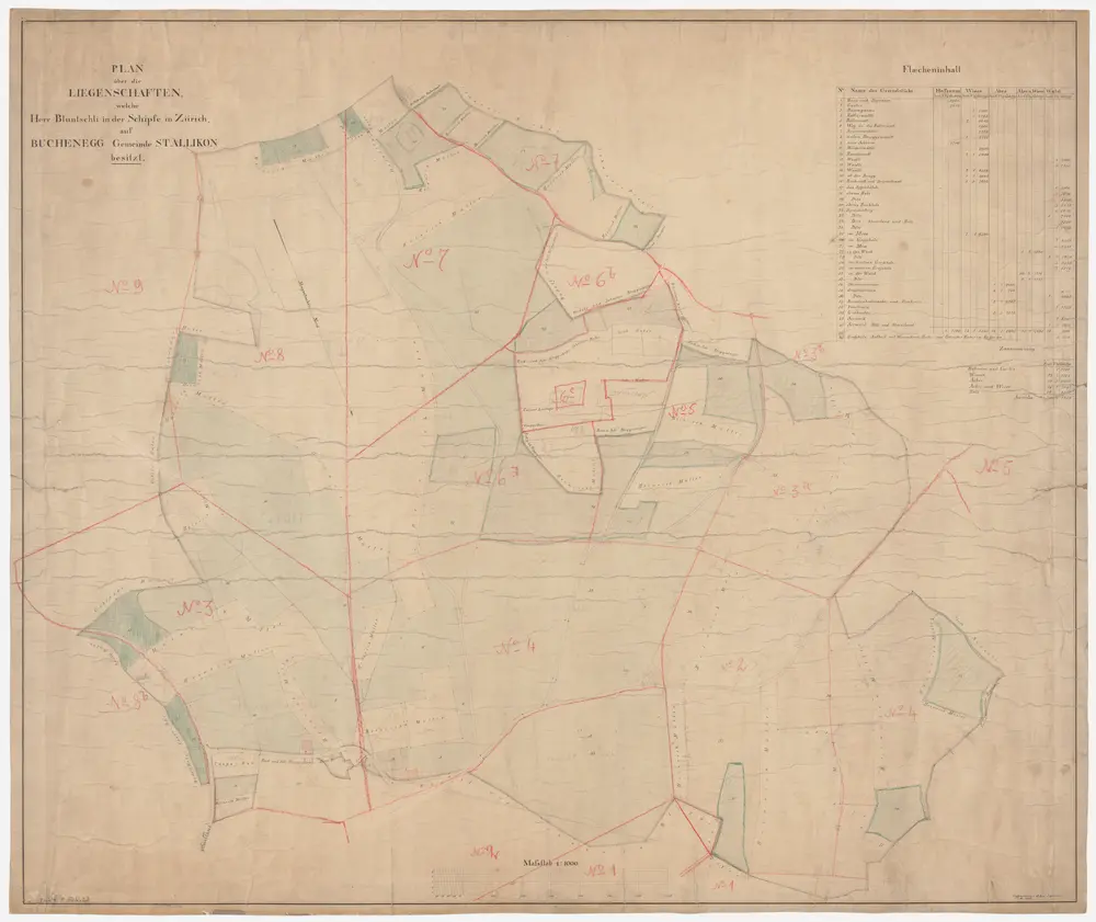 Stallikon, Adliswil, Aeugst am Albis, Langnau am Albis: Staatswaldung Buechenegg: Stallikon: Auf der Buechenegg befindliche Liegenschaften im Besitz des in der Schipfe in Zürich wohnhaften Herrn Bluntschli; Grundriss