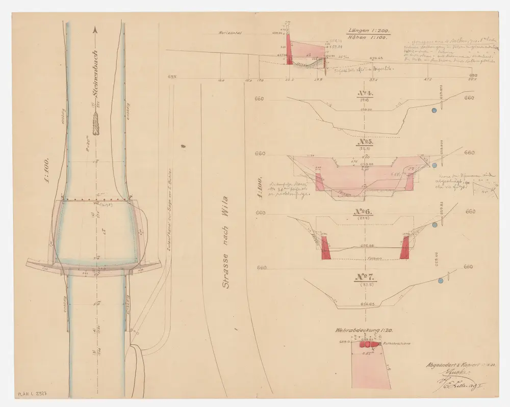 Wila: Sägerei von E. Bühler am Steinenbach, Stauwehr und Wasserwerk; Situationsplan, Längsprofil, Querprofil und Detail