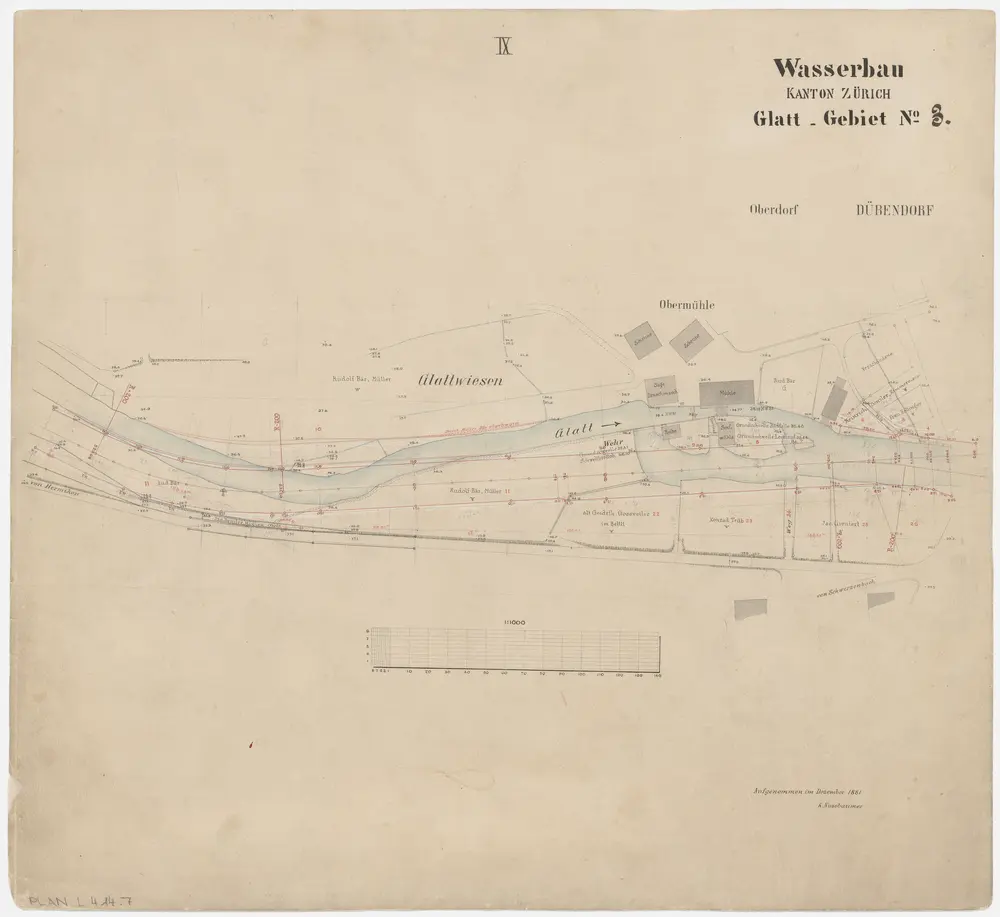 Fällanden bis Wallisellen: Greifensee bis zum Neugut in Wallisellen, projektierte Glattkorrektion; Grundrisse (Glatt-Gebiet Nr. 3): Blatt IX: Glatt bei der Mühle in Dübendorf-Oberdorf; Grundriss (Glatt-Gebiet Nr. 3)