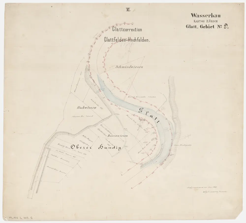 Bülach, Hochfelden, Glattfelden: Hochfelden bis zur Einmündung in den Rhein, Glattkorrektion; Grundrisse (Glatt-Gebiet Nr. 9): Blatt VI: Schmiedwiesen bis oberer Hundig in Glattfelden, Glattkorrektion; Grundriss (Glatt-Gebiet Nr. 9)