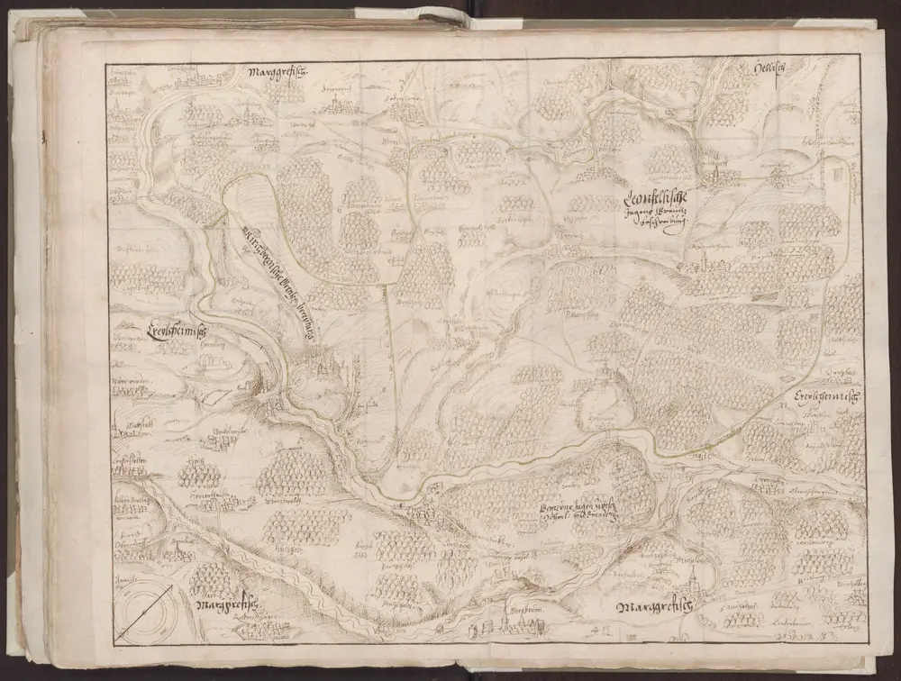 HZAN GA 100_Nr. 137-10_ : "General-Grenzbereitung" der Grafschaft Hohenlohe-Neuenstein: Kirchberg und Umgebung;Kartenrand: Crailsheim-Schmerachtal bei Ilshofen; Sandelsbronn-Dünsbach-Binselberg; Michelbach-Rückershagen; Oberndorf-Gaggstatt-Gröningen.M. Michael Hospin;37 x 28,5 cm;ohne Maßstab;Papier; Federzeichnung mit Schraffuren; Grenzverlauf goldfarben nachgezeichnet; Orte naturalistisch.