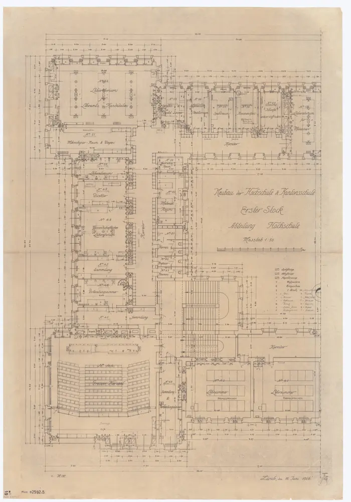 Universität Zürich (Chemisches Institut) und Kantonsschule Zürich, Neubau Rämistrasse 76: Grundrisse: Abteilung Hochschule, 1.Stock; Grundriss