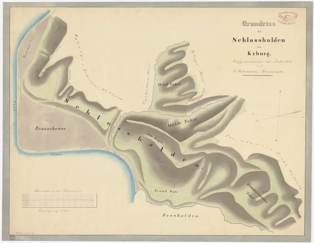 Kyburg, Töss, Illnau-Effretikon (damals Illnau), Schlatt: Staatswaldung: Kyburg: Schlosshalden mit Tössacher, Sennschür (Sennscheuer), Weidtobel, Mülitobel (Mühletobel), Im Espi, Brandrüti, Zimmermannstobel; Grundriss