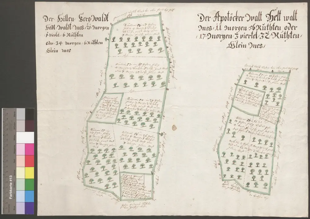 HZAN GA 100_Nr. 5_ : Adolzfurt"Hillenwald, Bergwald ... im Adolzfurter Forst";Johann Jakob Huntzinger, Feldmesser zu Öhringen;"Der Waldmorgen zu 256 Ruten, der Feldmorgen aber zu 160 Ruten, die Ruten zu 16 Schuh gerechnet";52 x 41 cm;Papier; siehe auch Unterheimbach, Nr. 3.