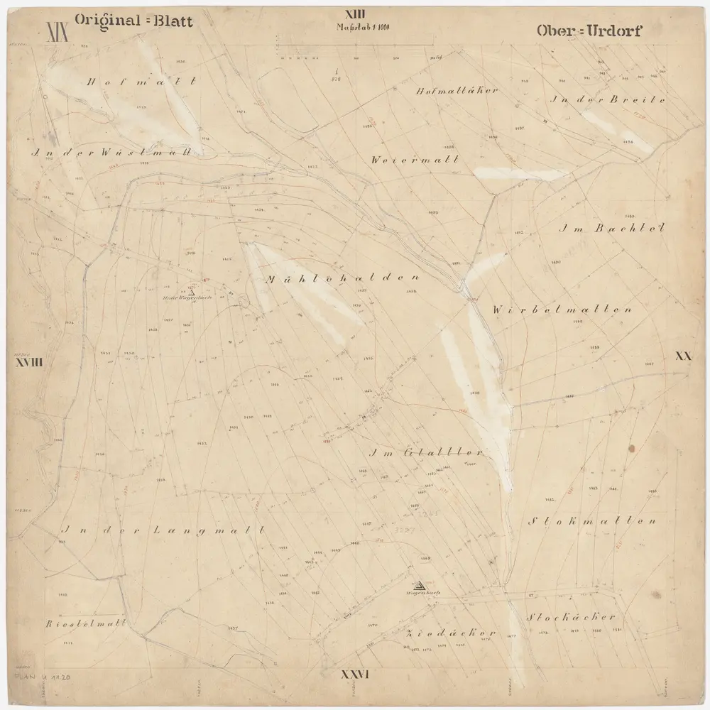 Oberurdorf: Gemeinde; Katasterpläne: Blatt XIX: Hofmatt, Hofmattäcker, In der Breite, In der Wüstmatt, Weihermatt, Im Bachtel, Mülihalden (Mühlehalden), Wirbelmatten, Im Glattler, In der Langmatt, Stockmatt, Ristetmatt (Riestelmatt), Zidacher (Ziedäcker) und Stockächer; Situationsplan