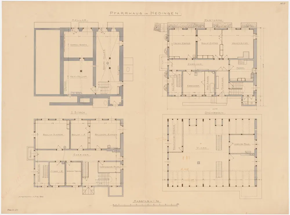 Hedingen: Pfarrhaus, Keller, Erdgeschoss, 1. Stock und Dachgeschoss; Grundrisse (Nr. 17)