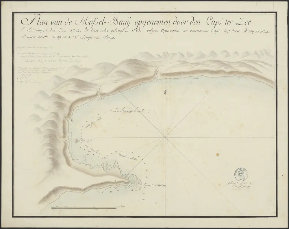 Hydrografische kaart getiteld plan van de Mossel Baay opgenomen door den Cap. ter Zee F. Duminy in den Jaar 1782 in deese ordre gebragt in 1785, volgens opservatien van voornoemde Cap. legt deese Baay 33- 57'42" Zuyder breedte en op 20- 4'34" lengte van Parijs, (A261).