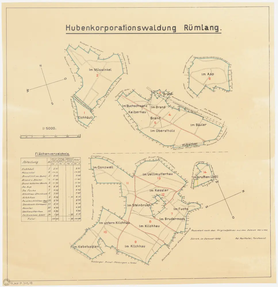 Rümlang: Gemeinde-, Genossenschafts- und Hubengenossenschaftswaldungen: Hubengenossenschaftswaldungen Müswinkel, Eichhäuli, Chalberhau (Kalberhau), Oberstholz, Brand, Bäuler, Buchschwanz, Huebacher (Hubacker), Asp, Nebetsaglen, Gunzwil (Gonzweil), Chilehau (Kilchhau), Steinbruch, Chessler (Kessler), Bruedermoos (Brudermoos), Fuchs, Uelimueterhau (Im Uelli Mutterhau), Ch