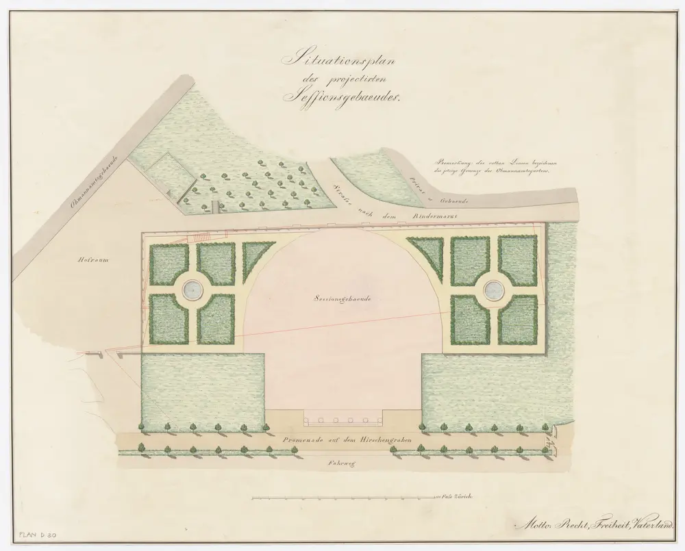 Projektiertes Grossratsgebäude zwischen Obmannamt und Hirschengraben: Projekt Recht, Freiheit, Vaterland; Situationsplan