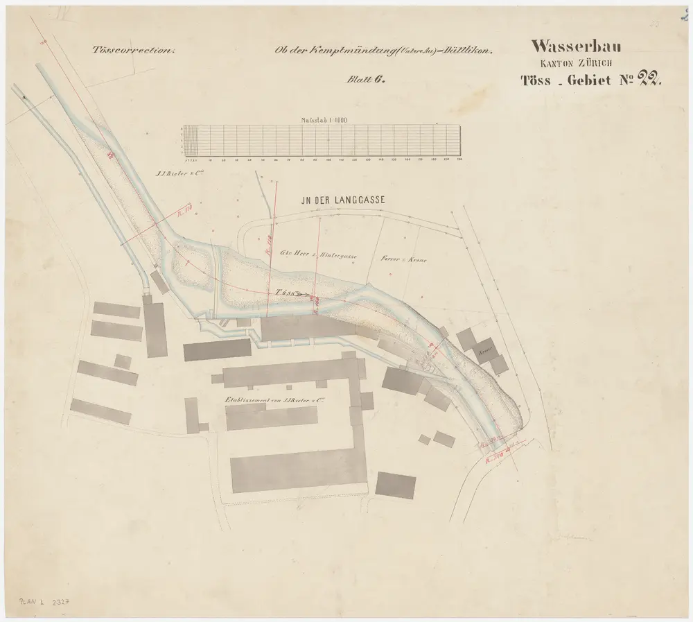 Töss: Von der Firma J. J. Rieter und Co. bis zur Kronenbrücke, Tösskorrektion; Situationsplan (Töss-Gebiet Nr. 22, Blatt 6)