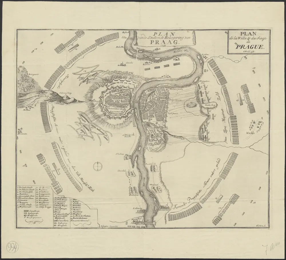 Plan van de stadt en de beleegering van Praag, 1757 = Plan de la ville & du siege de Prague, en 1757