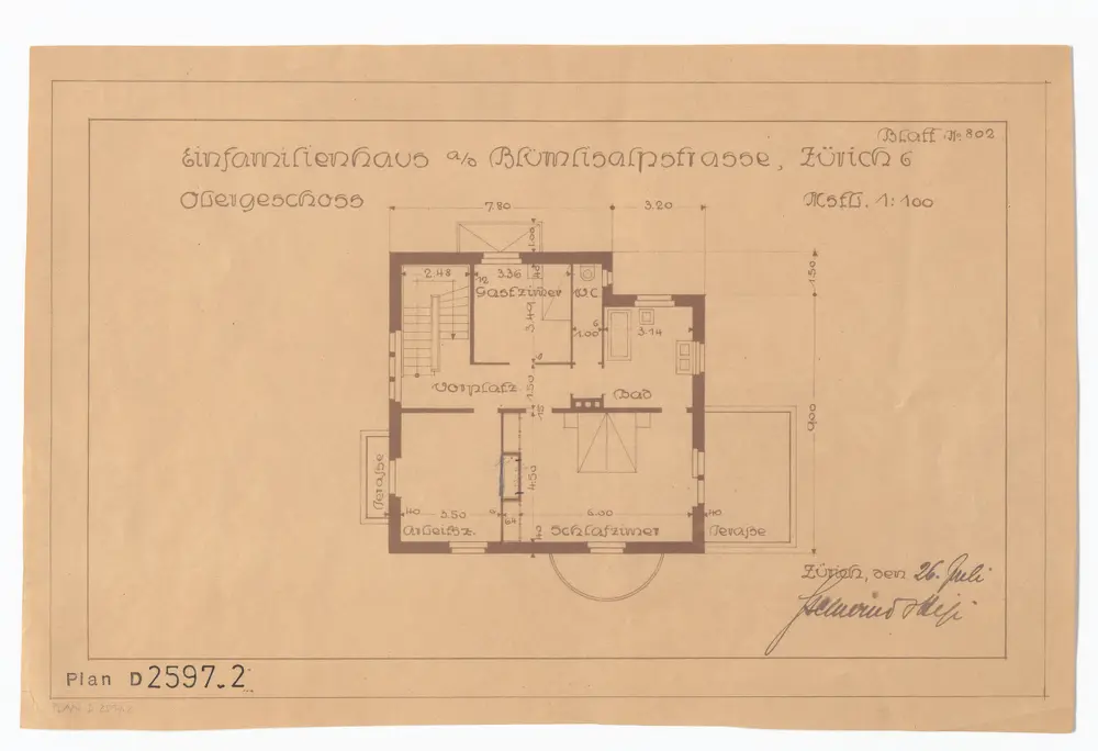 Einfamilienhaus von O. Hanky, Inspektor, Blümlisalpstrasse 47: Obergeschoss; Grundriss