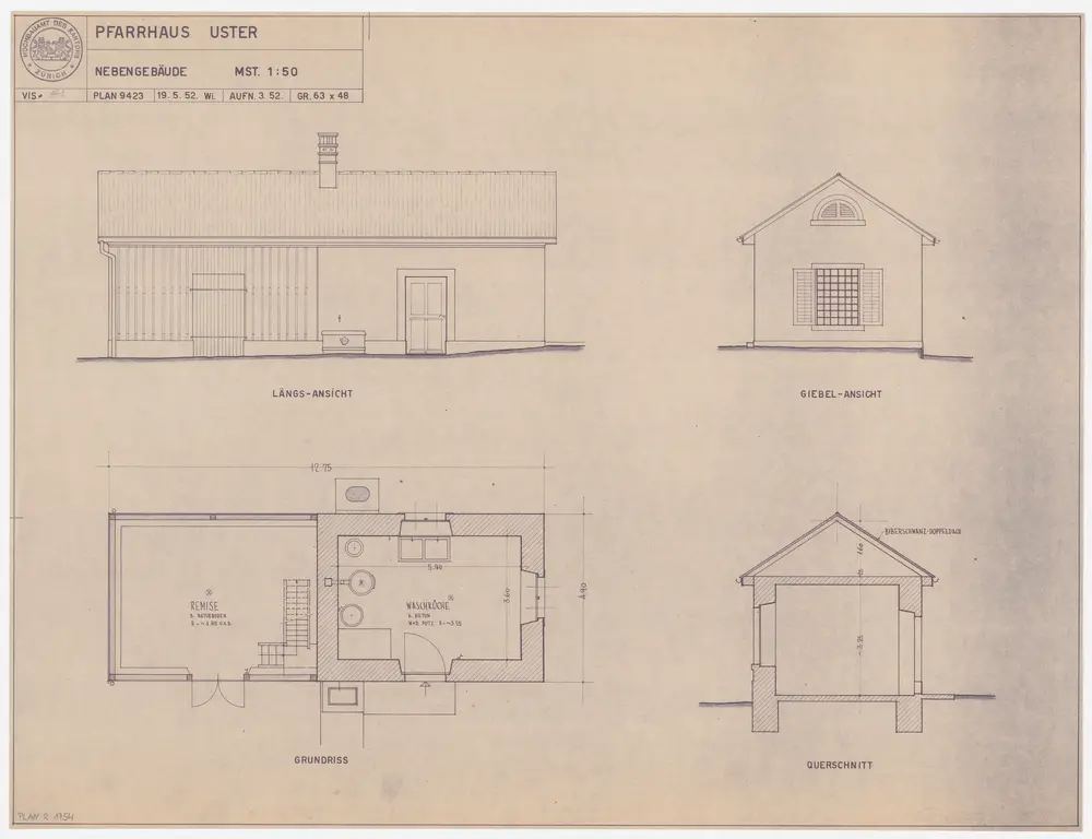 Uster: Nebengebäude; Grundriss, Ansichten und Querschnitt