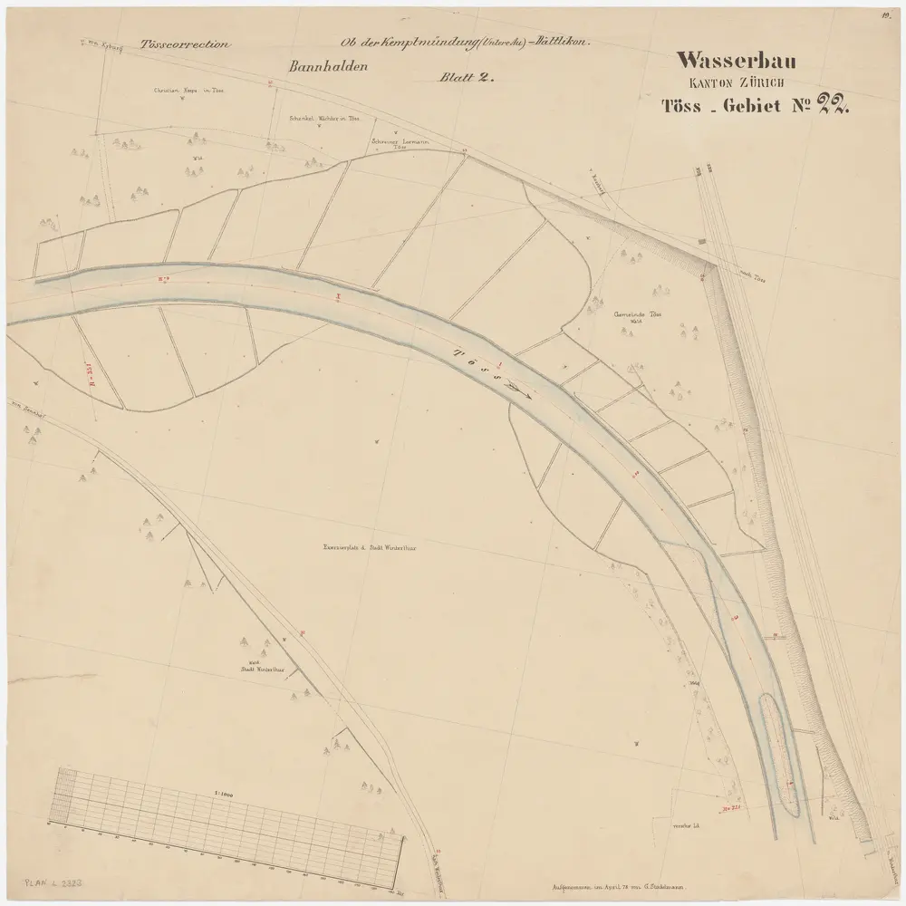 Töss, Winterthur: Von oberhalb des Exerzierplatzes bis zur Einmündung der Kempt, Tösskorrektion; Situationsplan (Töss-Gebiet Nr. 22, Blatt 2)