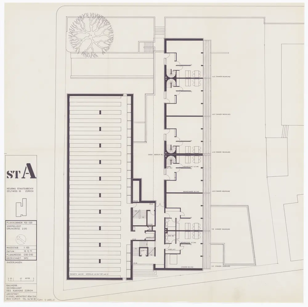 Staatsarchiv des Kantons Zürich, projektierter Neubau zwischen Zeltweg, Wettingerwies und Promenadengasse: Vorprojekt: 2. Obergeschoss; Grundriss