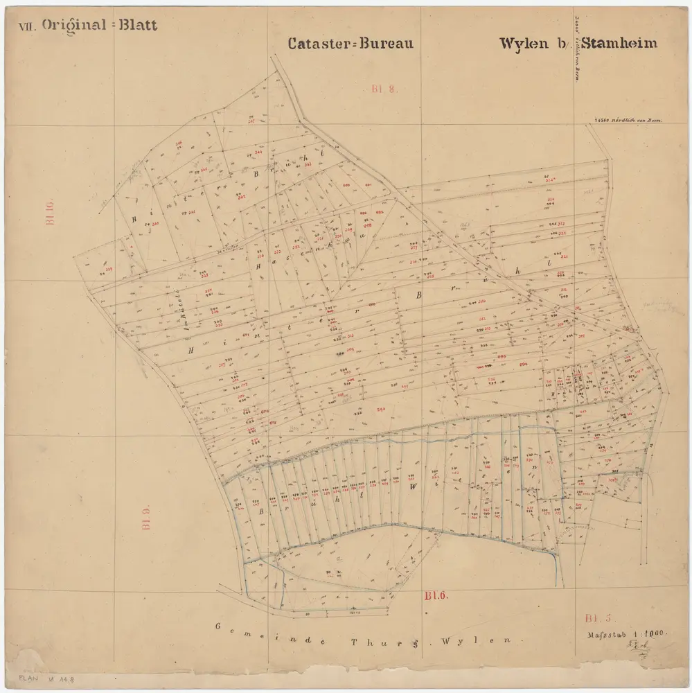 Oberstammheim: Wilen; Kataster-Originalpläne: Blatt VII: Hinderbrüel (Hinterbrühl), Im Rüteli, Hasenhau, Brühlpünten und Brüelwisen (Brühlwiesen); Situationsplan