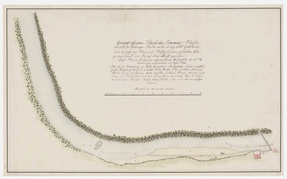 Wettingen AG: Teil der Limmat oberhalb der Wettinger Brücke, wo das Kloster für seine Mühle einen Kanal graben liess; Grundriss