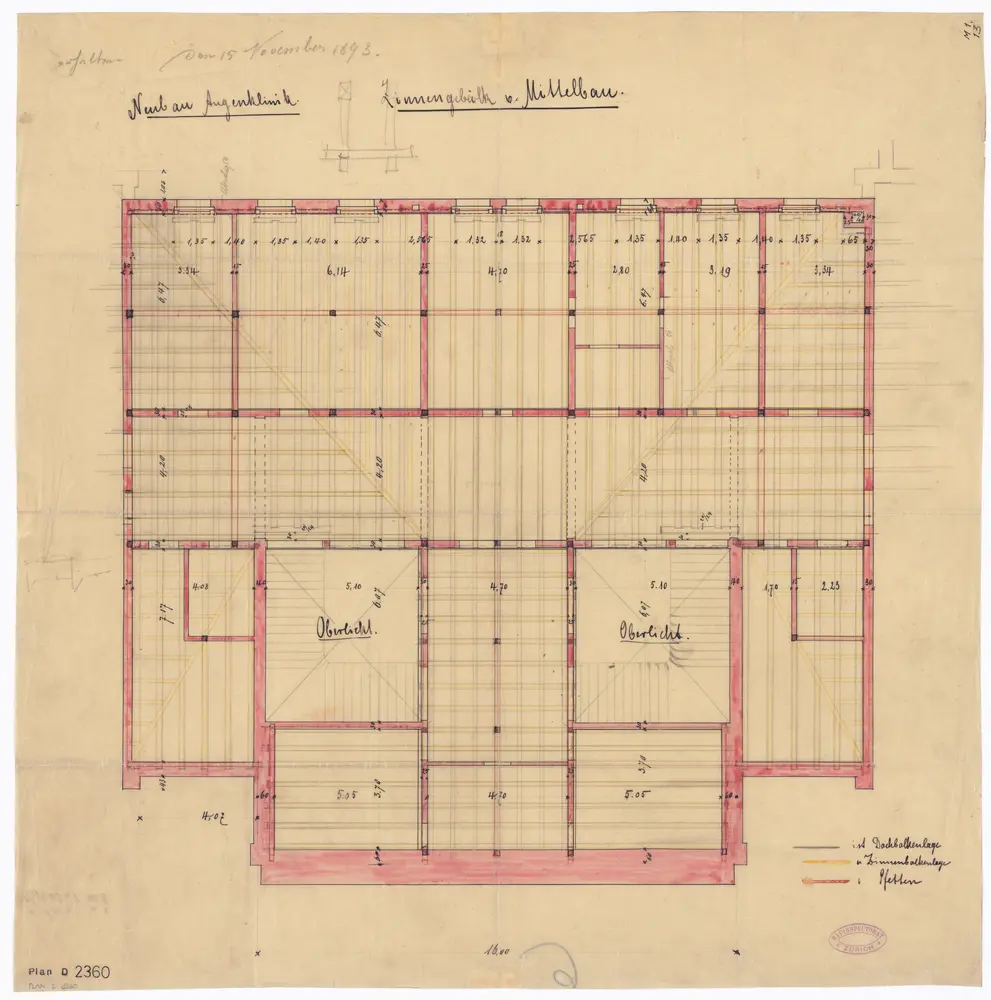 Augenklinik, Rämistrasse 73: Zinnengebälk vom Mittelbau; Grundriss