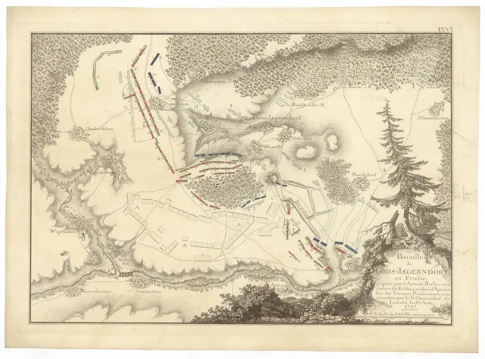 Bataille de Gros-Jaegerndorf, en Prusse, gagnée par l'armée russe, aux ordres du feldmaréchal d'Apraxin, sur les troupes prussienes commandées par le feldmaréchal de Lewald, le 30. aout, 1757