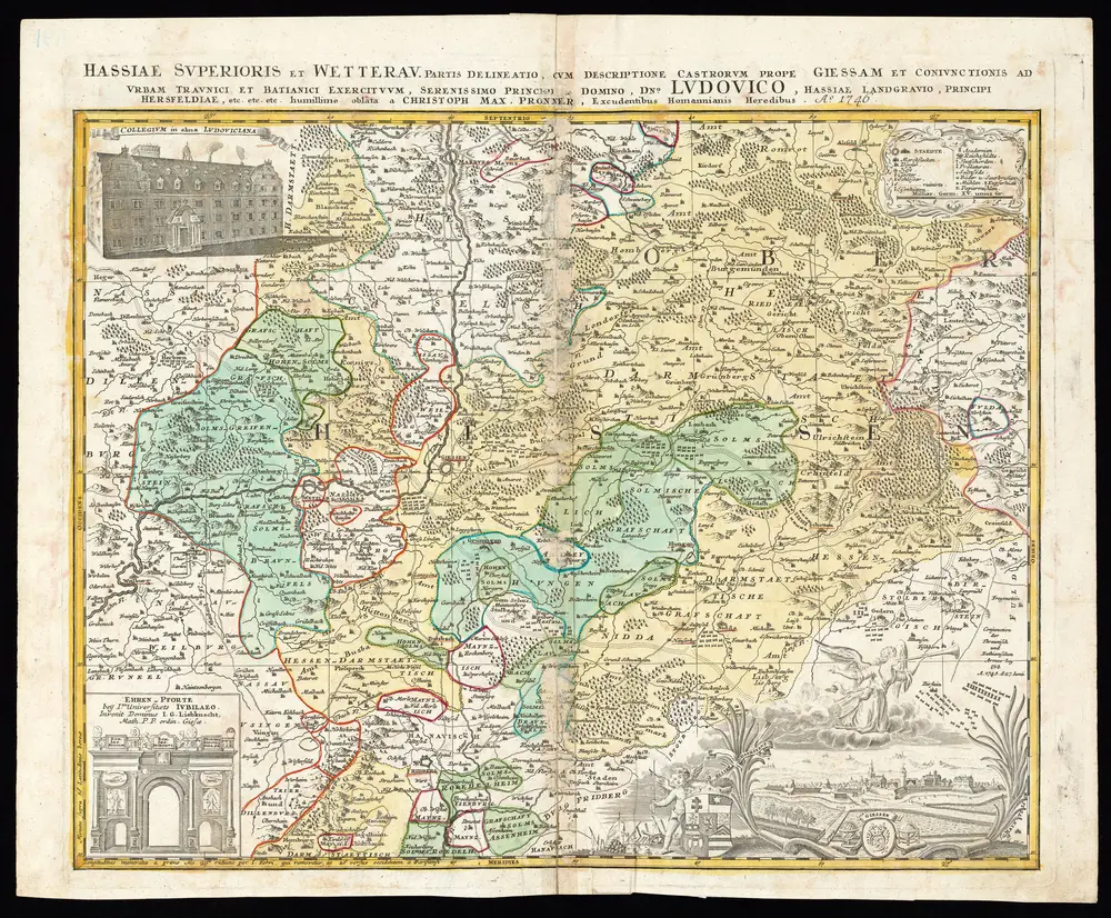 HStAS N 100_Nr. 170_ : "Hassiae Superioris et Wetterau. Partis Delineatio, cum Descriptione Castrorum Prope Giessam Et Coniunctionis Ad Urbam Traunici Et Batianici Exercituum, serenissimo Principi ac Domino, DN° Ludovico, Hassiae Landgravio, Principi Hersfeldiae, etc. etc. etc. humillime oblata a Christoph Max. Pronner, Excudentibus Homannianis Heredibus. A° 1746"