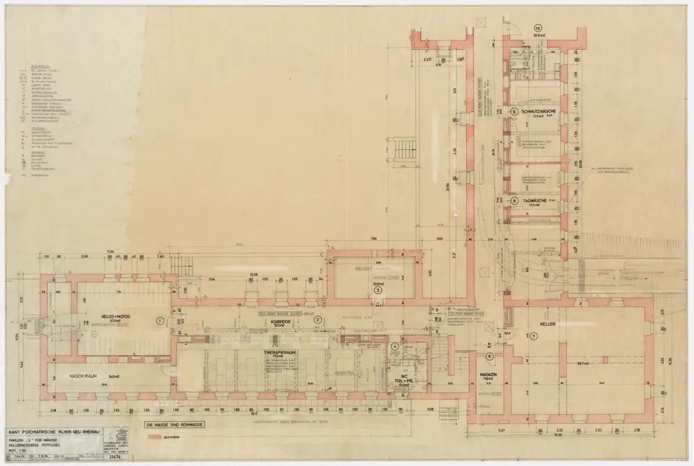 Psychiatrische Klinik Neu-Rheinau: Männergebäude L, Umbau; Grundrisse und Schnitte: Ostflügel, Kellergeschoss; Grundriss