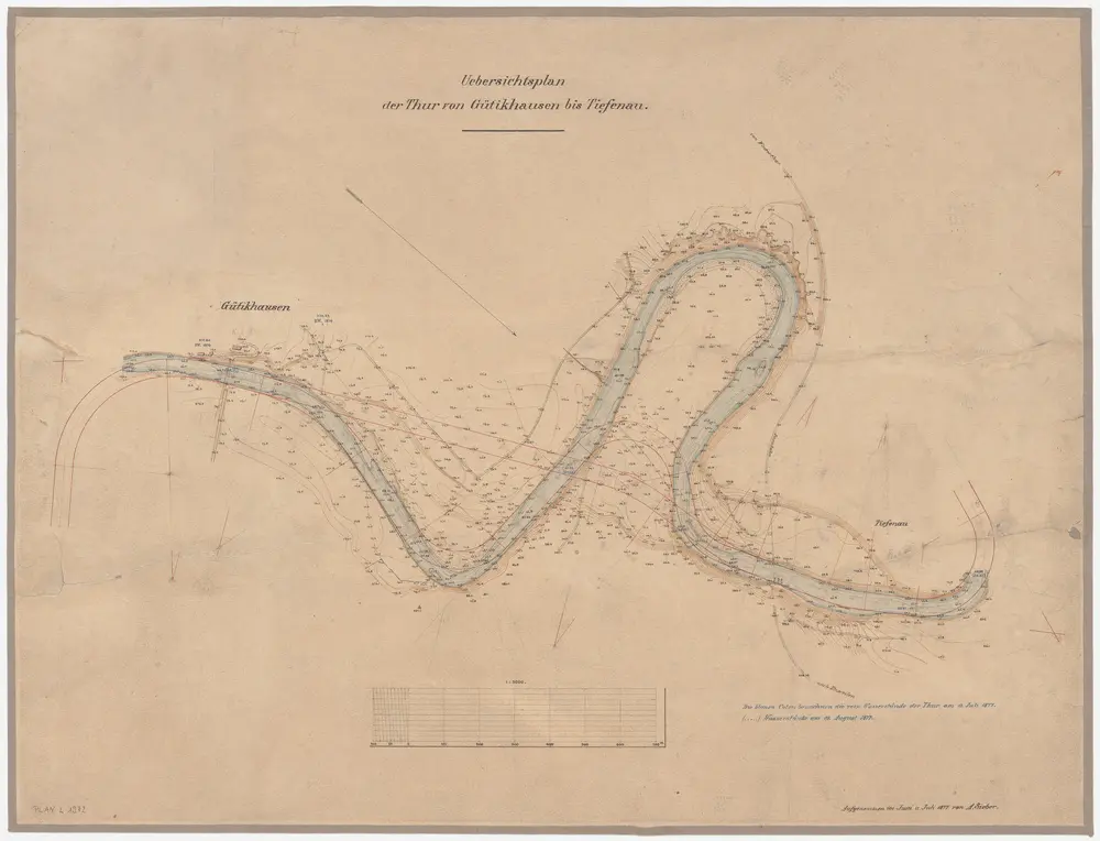 Thalheim an der Thur (damals Dorlikon), Adlikon, Ossingen: Thur von Gütighausen bis unterhalb Tüfenau, projektierte Durchstiche; Situationsplan (Thur-Gebiet Nr. 36 a)