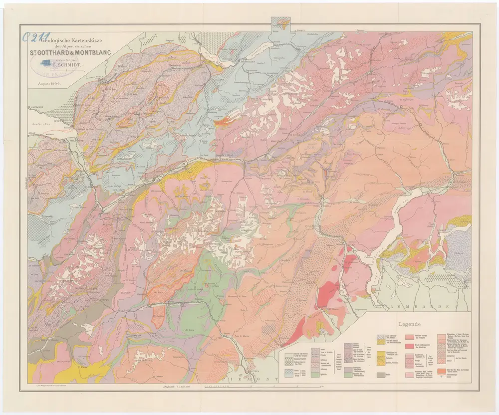 Geologische Kartenskizze der Alpen zwischen St. Gotthard & Montblanc