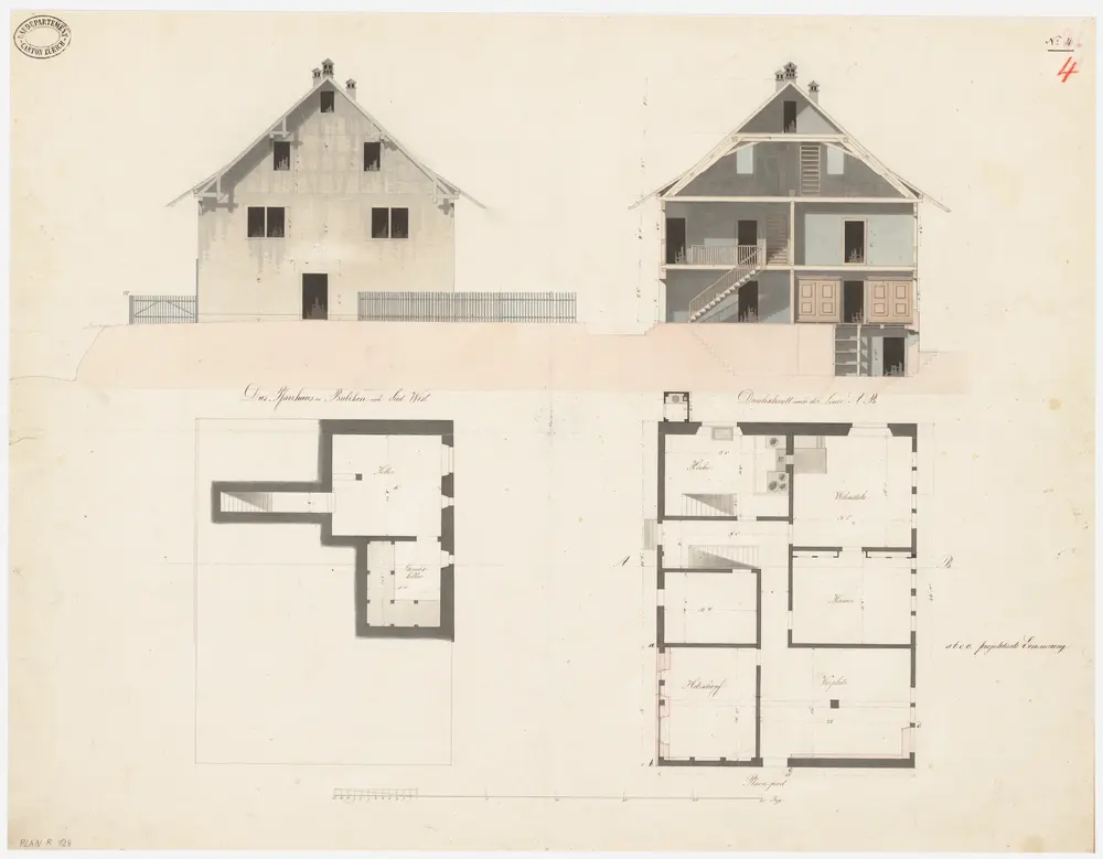 Bubikon: Pfarrhaus, projektierte Erneuerung; Südwestansicht, Querschnitt und Grundrisse des Kellers und Erdgeschosses (Nr. 4)