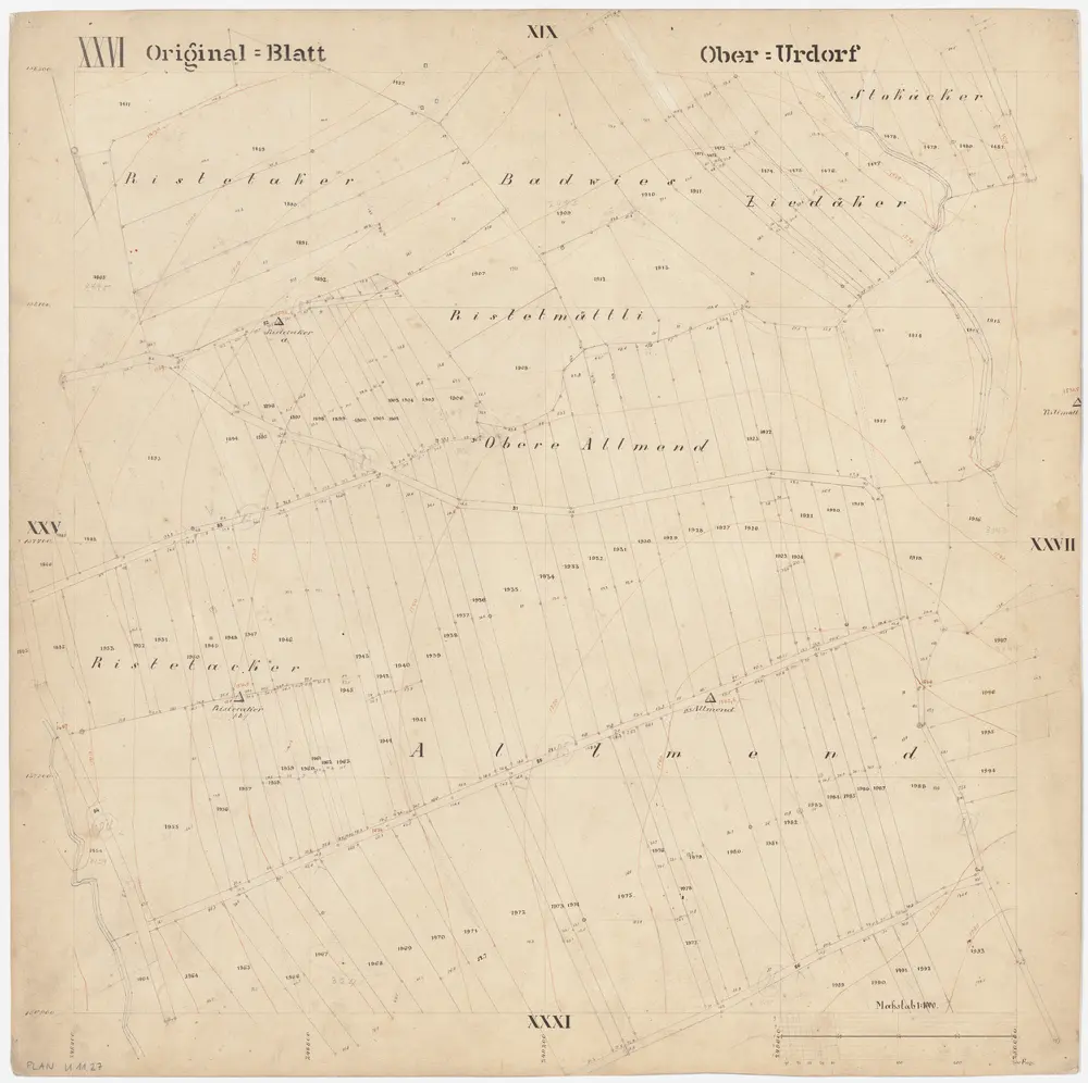 Oberurdorf: Gemeinde; Katasterpläne: Blatt XXVI: Stockächer, Ristetacker, Badwis, Zidacher (Ziedacker), Ristetmatt, Obere Allmend und Allmend; Situationsplan