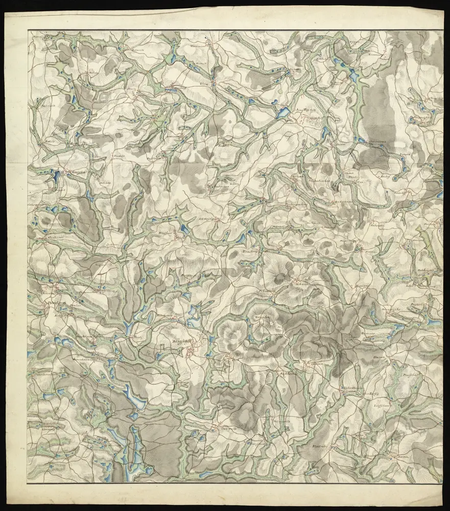 HZAN GA 100_Nr. 767_ : Bergstadt; [ohne Titel];ohne Verfasser;ohne Maßstab;57 x 62 cm;Kartenrand: Rekin-Woldrzikow-Psowa; Stoislowitz-Boibuck-Prassetin; Smorlow-Klauschowitz-Borzin; Mitrowitz-Potzohorzi-Czekamitz;Papier; Federzeichnung mit Schraffen; Siedlungen im Grundriß; Gewässer, Talauen und Wälder in Wasserfarben.