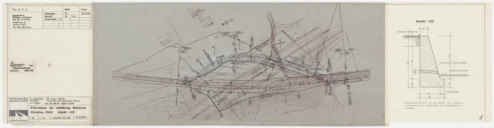 Zürich: Nationalstrasse N 3, Stützmauer bei der Umfahrung Butzenstrasse, projektierte Brücke; Situationsplan und Schnitt