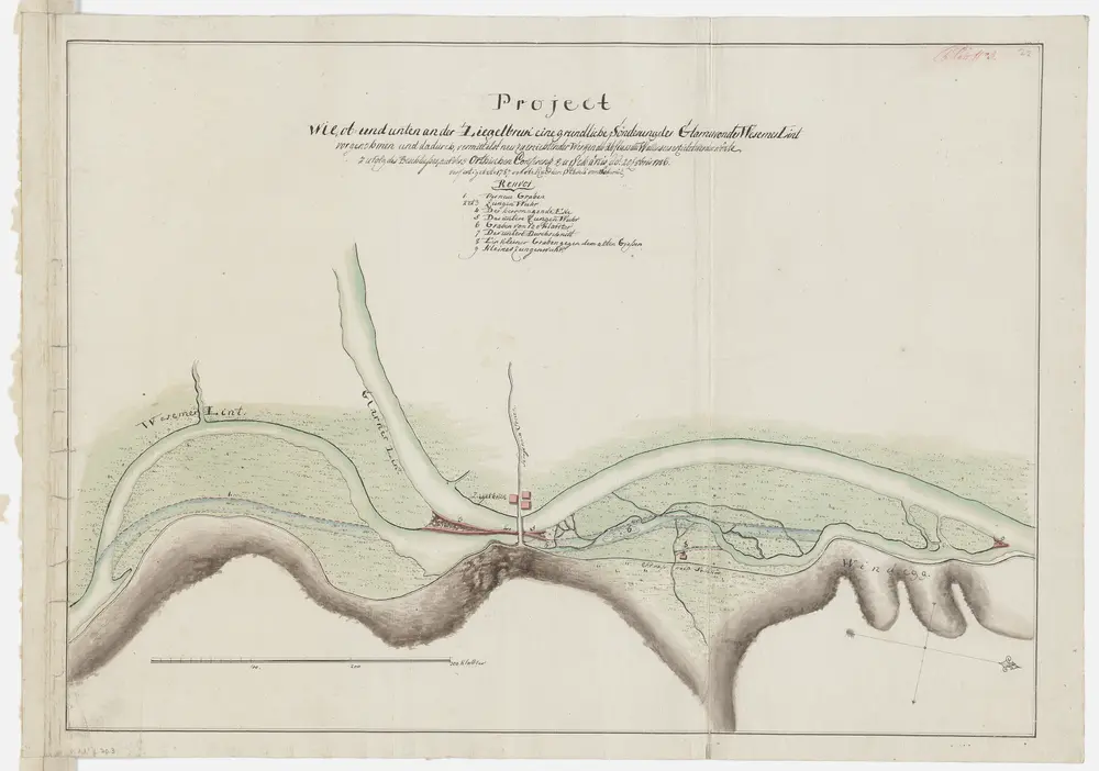 Weesen SG bis Tuggen SZ: Memoire über die Ableitung des Walensees durch Verbesserung des Abflusses der Weesener Linth bei der Ziegelbrücke: Niederurnen GL, Schänis SG: Projektierte Teilung der Glarner Linth von der Weesener Linth bei der Ziegelbrücke; Grundriss