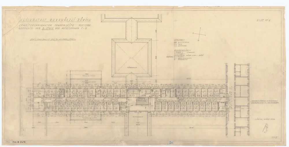 Heilanstalt Burghölzli: Frauenabteilung, Erweiterungsbauten, Abteilungen F und G, 2. Stock; Grundriss