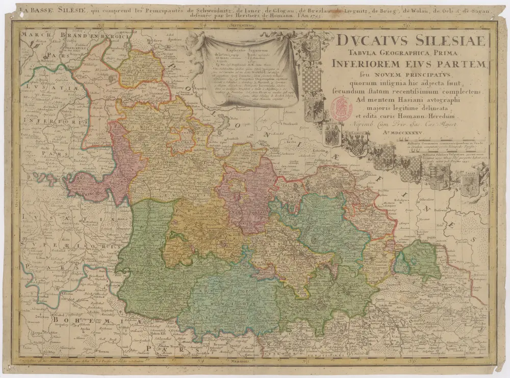 Dvcatvs Silesiae Tabvla Geographica Prima, inferiorem eivs partem, seu novem principatvs, quorum insignia hic adjecta sunt, secundum statum recentissimum complectens