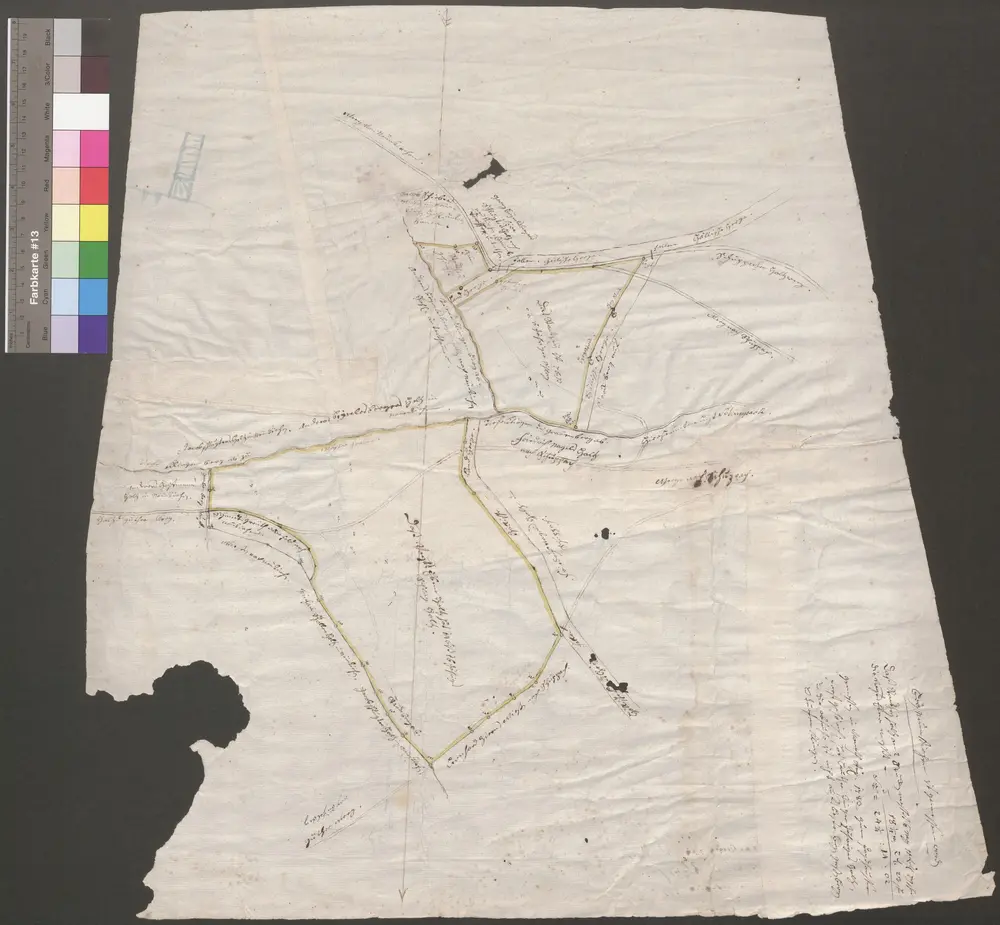 HZAN GA 100_Nr. 299_ : Neunkirchen; "Beschreibung der Waldorte Stadtheu und Vogtsebene bei Neunkirchen;ohne Verfasser;ohne Meßgehalt;55 x 50 cm; Norden rechts;Papier; Federzeichnung; Vermessungskarte; Grenzsteine nummeriert.