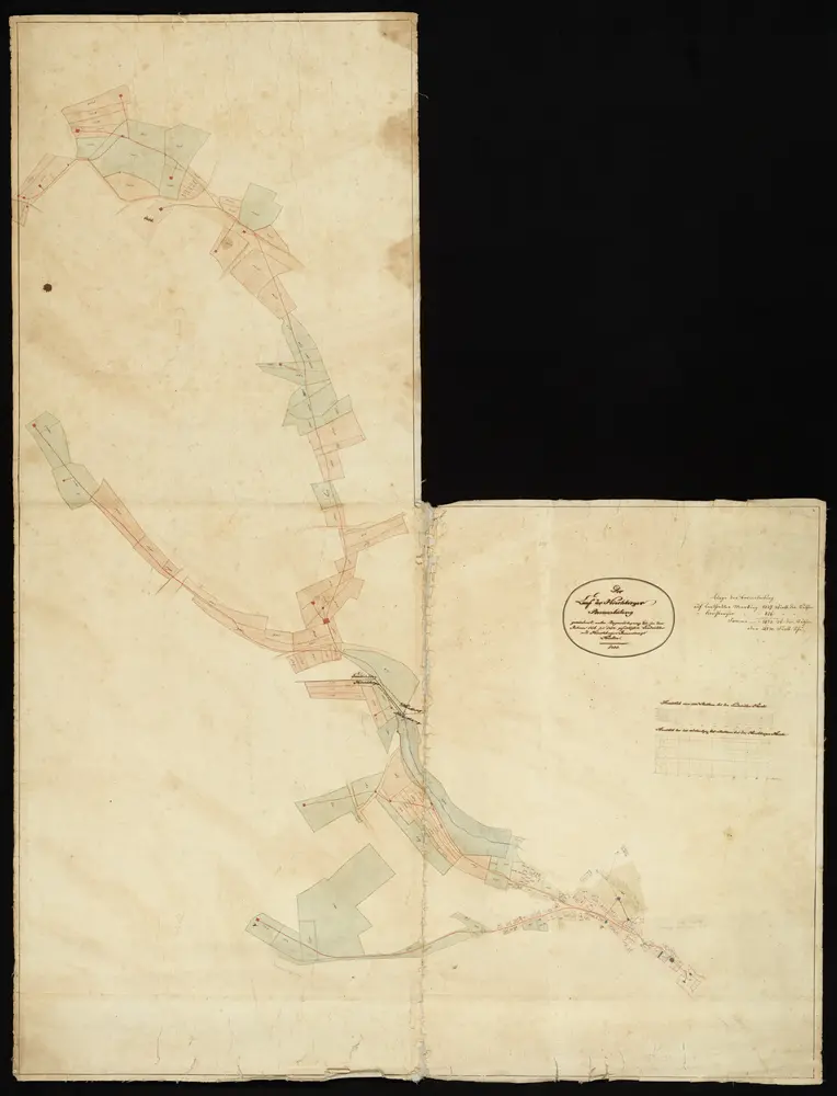 HZAN GA 100_Nr. 172_ : Kirchberg; "Der Lauf der Kirchberger Bronnenleitung";ohne Verfasser; Markung Kirchberg, 100 Ruten = 12,6 cm;Markung Lendsiedel, 100 Ruten = 13 cm;89 x 117 cm;Papier auf Leinwand; Federzeichnung; Wasserleitung rot eingetragen; Fluren, durch die die Wasserleitung führt, in Wasserfarben.