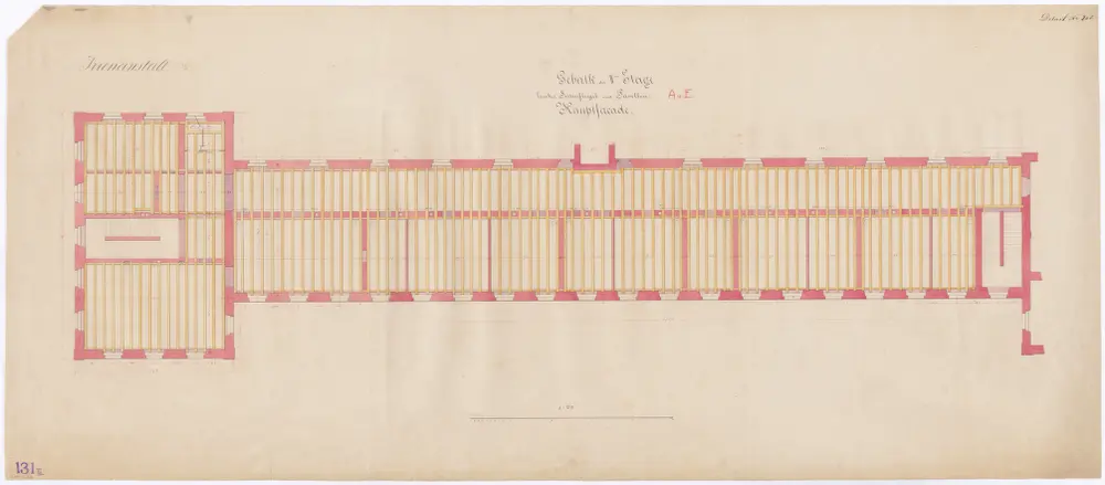 Irrenanstalt Burghölzli: Hauptfassade, linker Seitenflügel und Pavillon A und E, 2. Stock; Gebälk; Grundriss