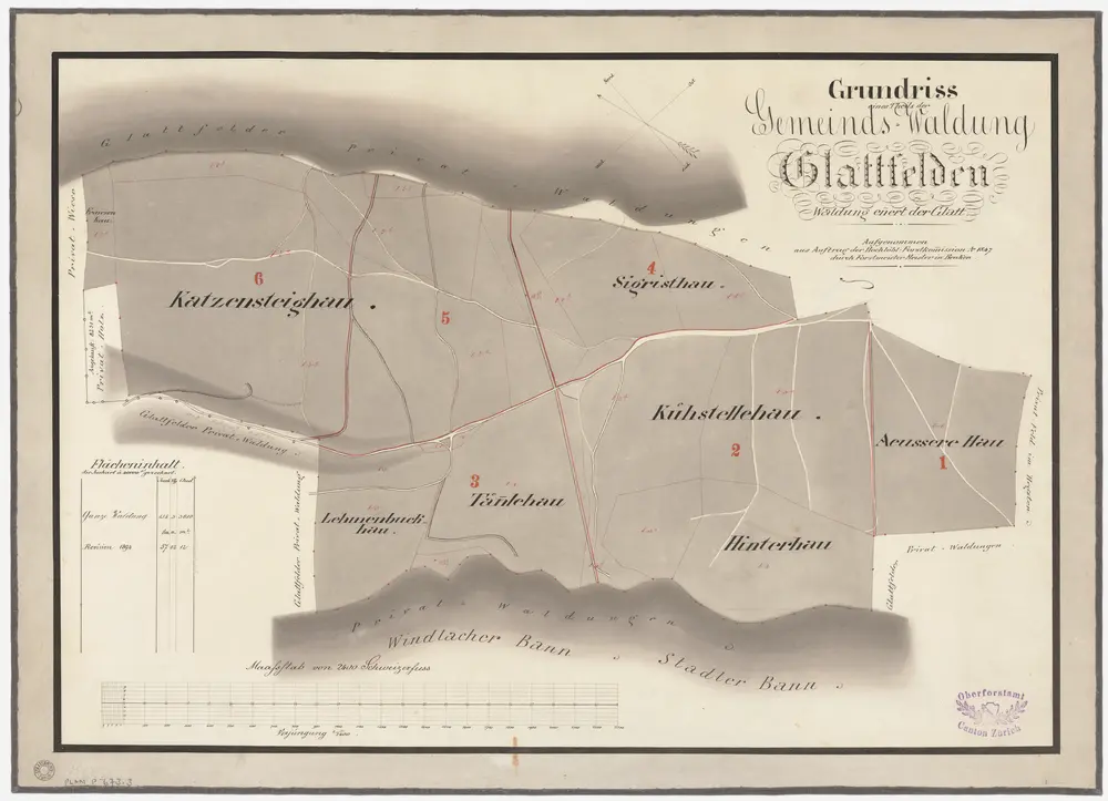 Glattfelden: Gemeindewaldung: Üsserhau (Äusserer Hau), Hinterhau, Chüestellihau (Kühstellehau), Sigristenhau, Lenibuck (Lehnenbuckhau), Chatzenstig (Katzensteighau), Franzenhau; Grundriss