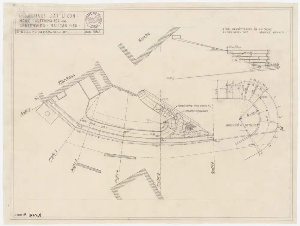 Dättlikon: Neue Gartenmauer um den Pfarrgarten, Gartenweg und Treppe: Neue Gartenmauer um den Pfarrgarten und Treppe; Grundriss und Ansicht der Treppe