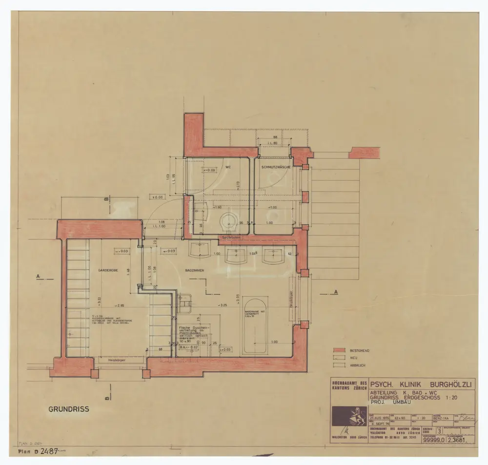 Psychiatrische Universitätsklinik Burghölzli: Abteilung K, Erdgeschoss, projektierter Umbau von Bad und WC; Grundriss