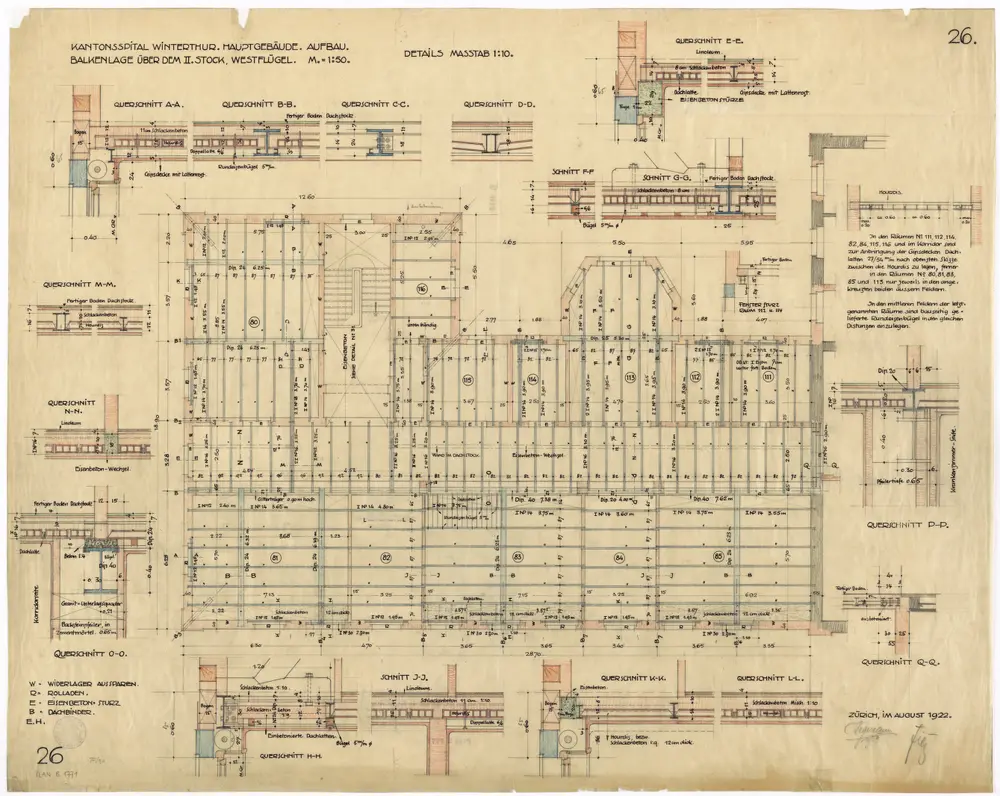 Winterthur: Kantonsspital, Hauptgebäude, Aufbau, Westflügel, Balkenlage über dem 2. Stock; Schnitte (Nr. 26)
