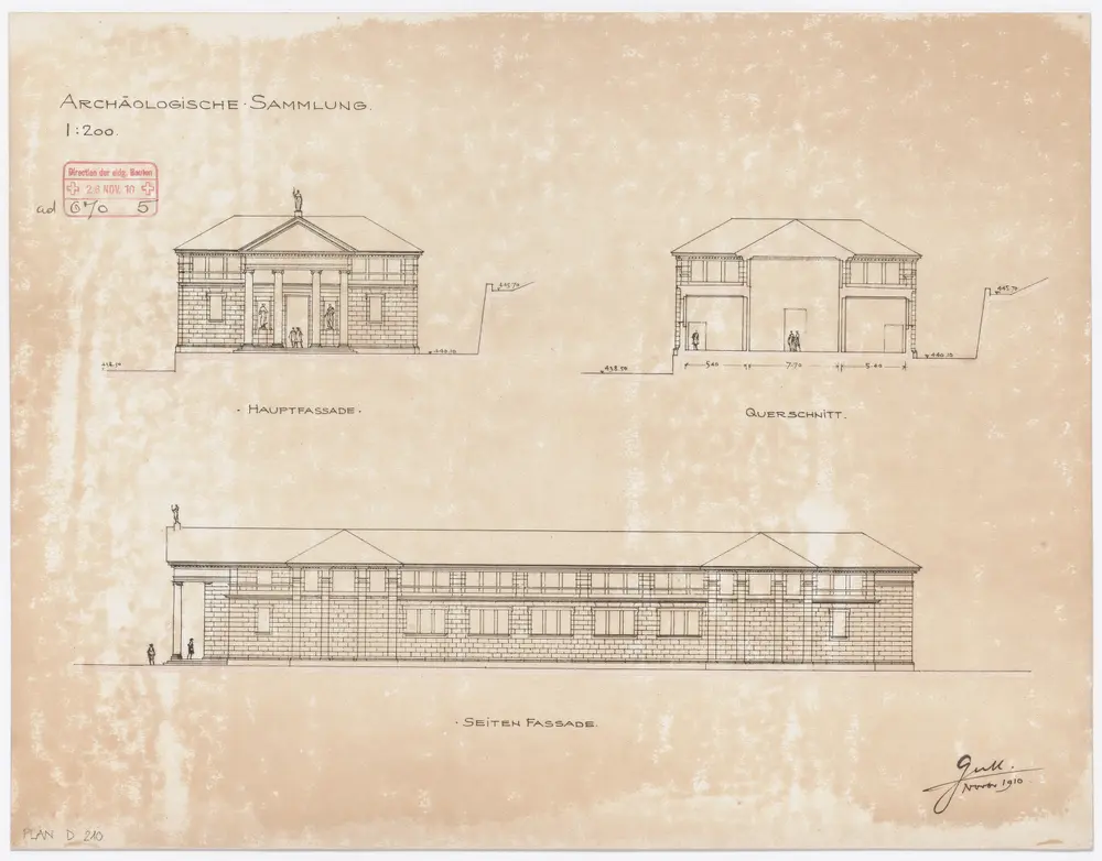 Universität Zürich, projektierte Archäologische Sammlung: Hauptansicht, Seitenansicht und Querschnitt